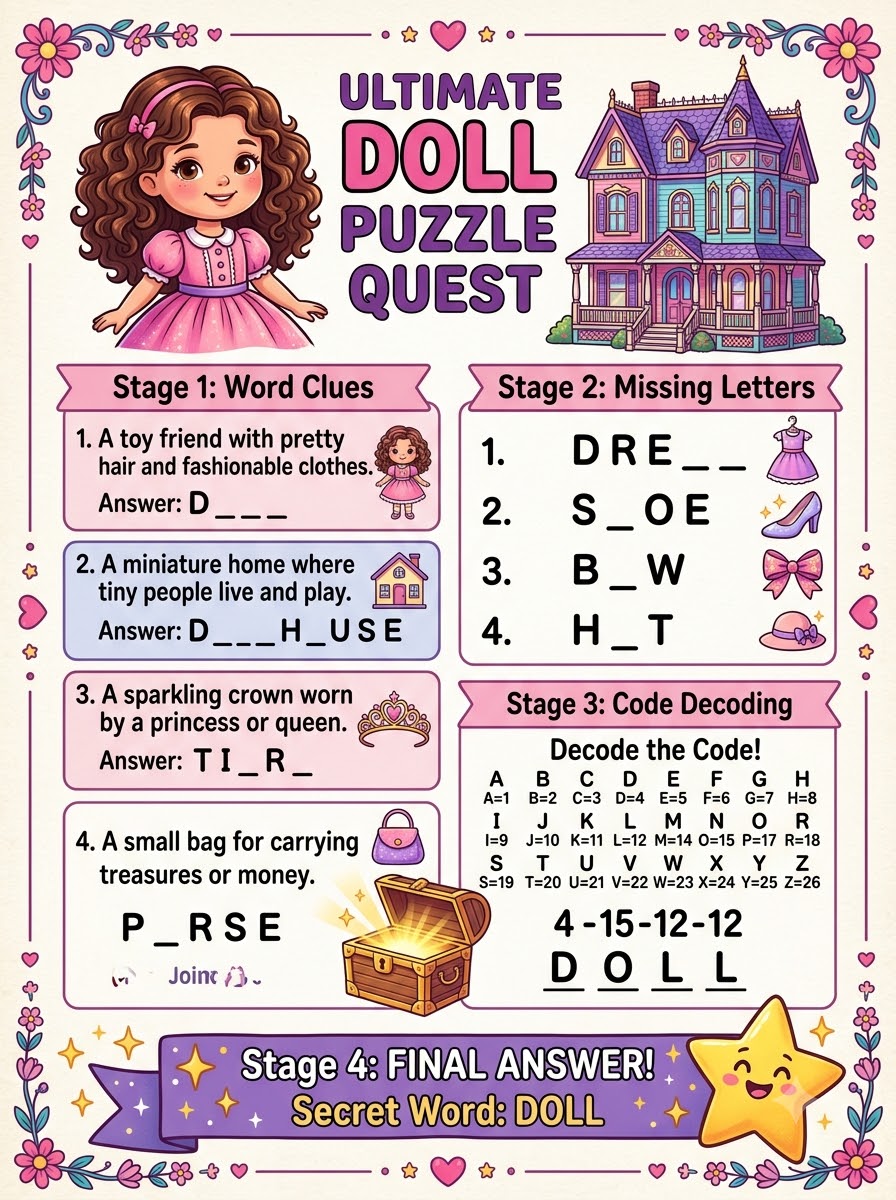 Ultimate Doll Puzzle Quest — multi-stage challenge with word clues, missing letters, code decoding, and final answer